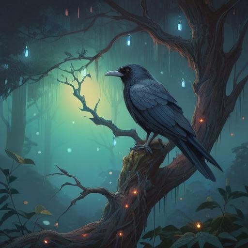 A large crow perched on a mystical ancient tree, surrounded by shimmering ethereal lights, symbolic of transformation and wisdom, deep forest setting, a sense of mystery and spirituality, intricate feather details, magical atmosphere, serene and captivating scene, 4k
