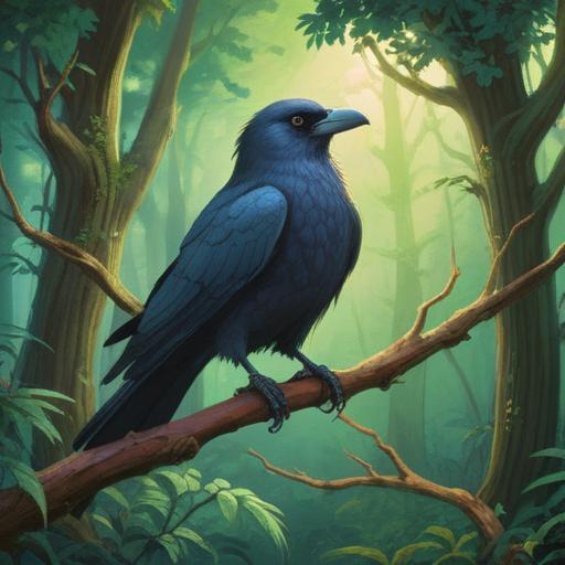 A large crow perched on a tree branch, mystical aura surrounding it, bright ethereal light in the background, lush green forest setting, hint of a rising sun, symbolizing hope and spiritual guidance, intricate feather details, serene atmosphere, vibrant colors, 4k