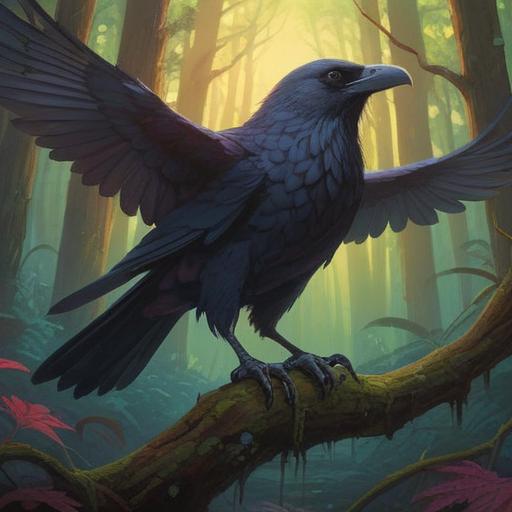 A large raven appearing ominously in a mystical forest, symbolizing spiritual warnings, dark feathers glistening in the light, intense gaze reflecting ancient wisdom, moonlight filtering through trees, eerie yet captivating atmosphere, nature full of hidden meanings, 4k