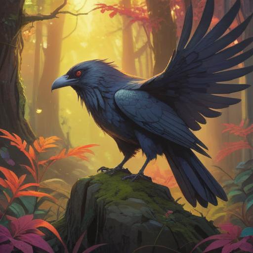 A large crow perched atop a mystical stone, glowing with vibrant colors, surrounded by a magical forest, soft beams of sunlight filtering through the trees, enchanting atmosphere, intricate details of feathers and stone textures, hint of ancient symbols on the stone, 4k