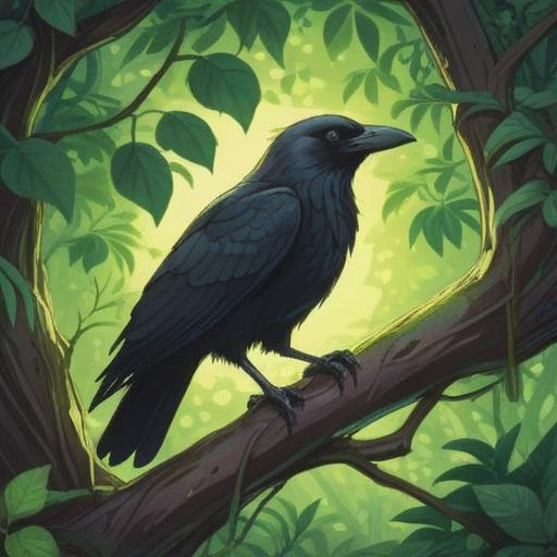 A serene illustration of a black crow sitting on a tree branch, surrounded by lush green leaves, a gentle sunlight filtering through, a lucky stone resting at the base of the tree, symbolism of healing and wisdom, tranquil atmosphere, harmonious colors, captivating details, nature's serenity, 4k