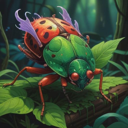 A large stink bug symbolizing transformation and resilience, surrounded by mystical elements, vibrant energy radiating from its body, lush green foliage in the background, a serene atmosphere, intricate patterns representing growth and change, ethereal light illuminating the scene, 4k