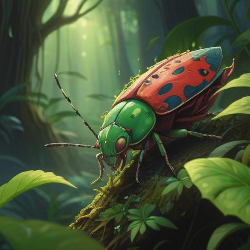 A large stink bug symbolizes spiritual good signs, vibrant nature setting, lush greenery, soft sunlight filtering through leaves, a sense of tranquility, mystical aura surrounding the bug, gentle breeze, harmonious balance, intricate details of the bug’s texture, serene atmosphere, 4k