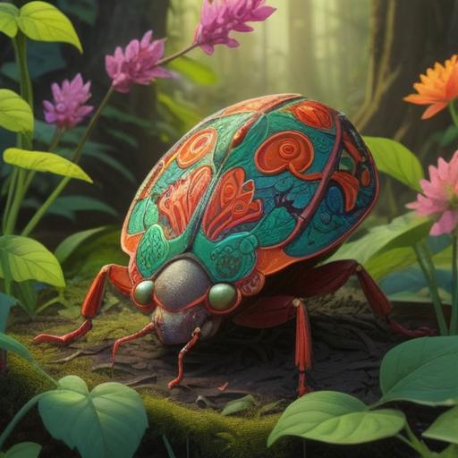 A large stink bug emerging in a serene garden, vibrant colors, an aura of spiritual energy surrounding the insect, subtle glowing symbols in the air, a sense of caution and awareness, gentle sunlight filtering through the leaves, detailed depiction of a natural environment, 4k