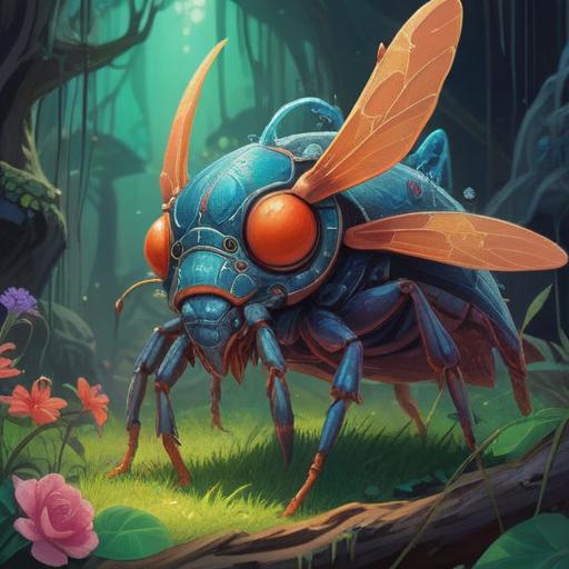 A large bug appears as a lucky charm, vibrant colors, detailed close-up of the bug, surrounded by shimmering symbols of good fortune, mystical glow, whimsical scene, nature elements in the background, 4k