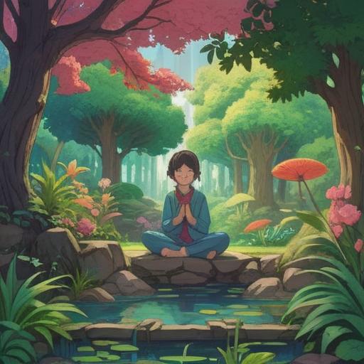 A serene illustration of a tranquil garden, lush greenery, soothing elements like gentle streams and blossoming flowers, a person meditating peacefully, soft sunlight filtering through leaves, a sense of calm and healing, nature's embrace, vibrant colors, inviting atmosphere, 4k