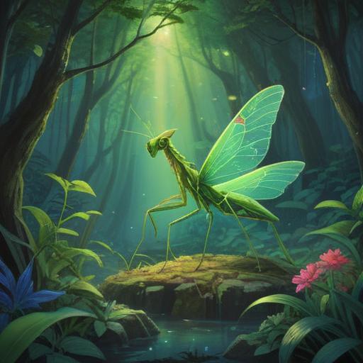 A large praying mantis surrounded by ethereal light, symbolizing spiritual awakening, intricate details on its wings, serene and mystical forest background, soft glowing orbs floating around, calming color palette, representing transformation and insight, 4k