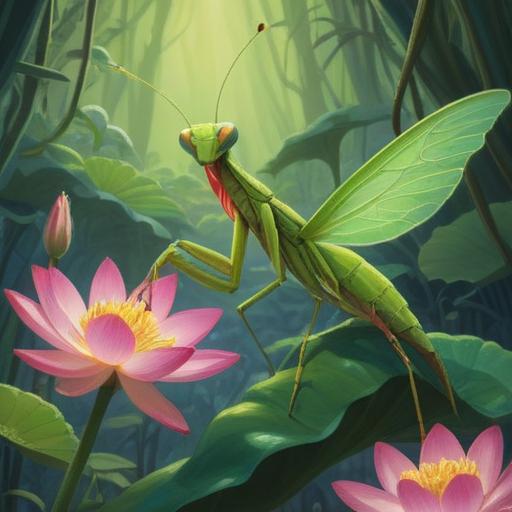 A large praying mantis perched on a blooming lotus flower, ethereal light surrounding it, symbolizing spiritual insight and positive energy, vibrant colors, serene background with soft, flowing water, mystical atmosphere, intricate details, harmony with nature, 4k