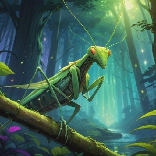 A large mantis appears in a serene forest setting, vibrant green foliage surrounding it, mystical energy emanating from its presence, ethereal light illuminating the scene, creatures observing in awe, tranquil atmosphere, symbolic representation of intuition and awareness, 4k