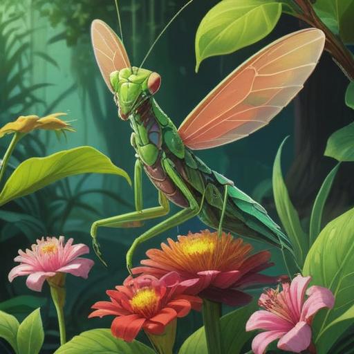 A large praying mantis perched on a vibrant flower, showcasing its intricate details and vivid green color, a sunny garden setting, bright and cheerful atmosphere, soft light illuminating the scene, contrasting colors highlighting the mantis, an aura of good luck surrounding the insect, 4k