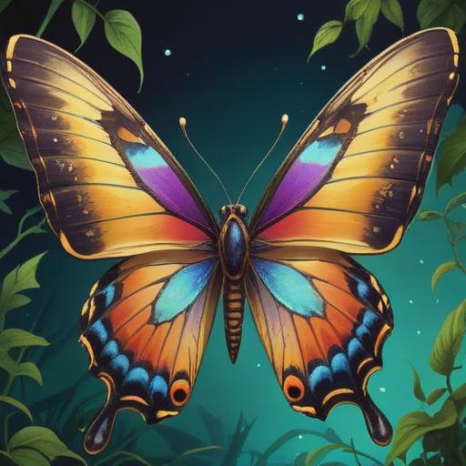 A large swallowtail butterfly symbolizing transformation and spiritual growth, vibrant wings reflecting the colors of nature, gently fluttering over a serene forest clearing, ethereal light illuminating its path, surrounded by blooming flowers and lush greenery, representing freedom and the beauty of life's journey, calming atmosphere, 4k