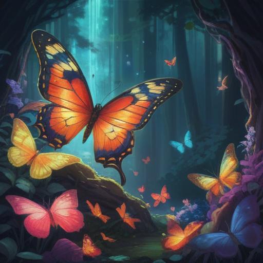 A large swaying butterfly, vibrant colors, symbol of spiritual good fortune, surrounded by ethereal light, fluttering in a tranquil garden, blooming flowers, serene atmosphere, mystical energy, nature's harmony, 4k