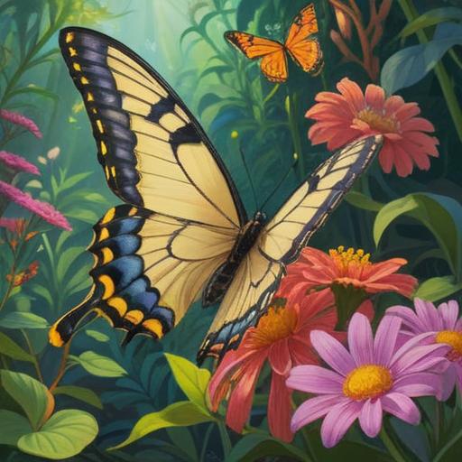 A large swallowtail butterfly resting on a vibrant flower, a serene garden setting, sunlight illuminating the colors, gentle breeze rustling the leaves, symbolism of luck and beauty, a person observing the butterfly with a sense of wonder, soft focus on the background, harmonious nature, positive energy, 4k