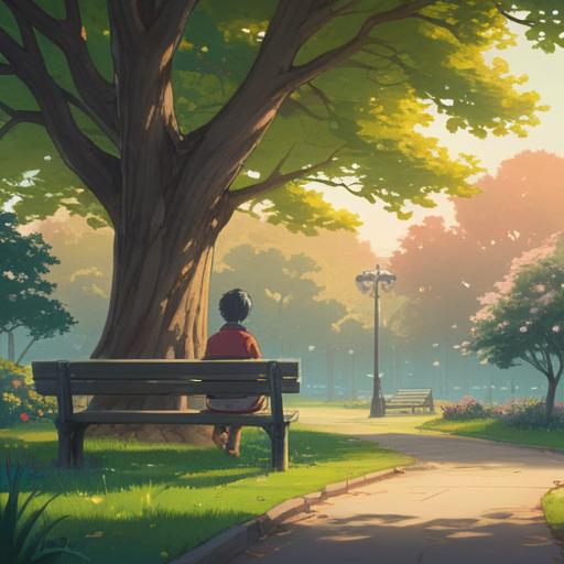 A serene and introspective scene, soft light filtering through trees, a person sitting on a park bench, looking contemplative, subtle signs of the universe around them like feathers and coins, gentle breeze rustling leaves, symbolic imagery of heartbreak and healing, ethereal atmosphere, 4k