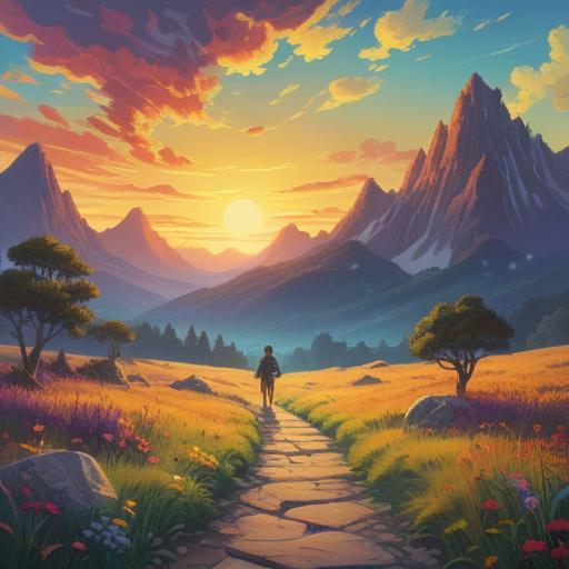 A symbolic representation of personal rebirth, a serene landscape with a sunrise symbolizing new beginnings, a path leading towards a bright horizon, lush greenery surrounded by gentle hills, soft rays of light illuminating the scene, an individual taking a confident step forward, feelings of hope and renewal, vibrant colors, 4k
