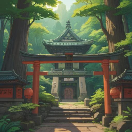 A serene and tranquil scene depicting the spiritual essence of Oyamazumi Shrine, lush green forest surroundings, ancient Shinto architecture, torii gate leading into the shrine, soft sunlight filtering through the leaves, peaceful atmosphere, spiritual connection with nature, a feeling of harmony and reverence, traditional Japanese elements, 4k