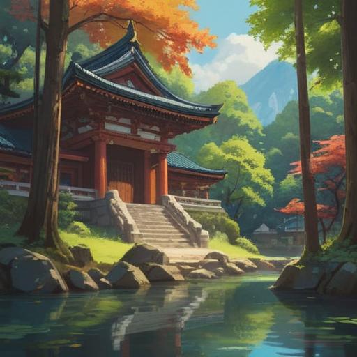A serene landscape featuring the Ōyama Akami Shrine, lush greenery surrounding the shrine, mystical light filtering through the trees, tranquil waters reflecting the natural beauty, ethereal atmosphere, symbols of spirituality and good fortune, sacred space inviting peace and reflection, 4k