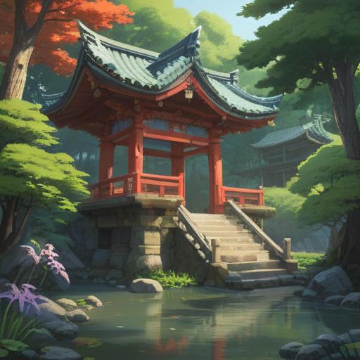 A serene scene at Okuyama Tsujigami Shrine, lush greenery surrounding the shrine, a tranquil river flowing nearby, ethereal light filtering through the trees, spiritual symbols subtly integrated in the landscape, visitors observing sacred rituals, a sense of peace and connection to nature, detailed stone pathway leading to the shrine, 4k