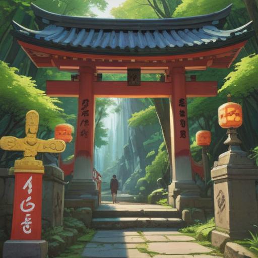 A serene visit to Oyamazumi Shrine, capturing the moment of discovery of a lucky charm, lush greenery surrounding the shrine, traditional Japanese architecture, tranquil atmosphere, vibrant colors, a gentle breeze rustling through the leaves, a sense of spirituality and good fortune, 4k