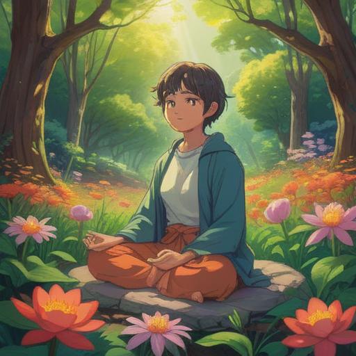A serene illustration depicting a person meditating in a tranquil garden, surrounded by blooming flowers and sunlight filtering through the trees, an aura of positive energy radiating from the individual, gentle breeze rustling the leaves, harmonious balance in nature, a sense of calm and optimism, 4k