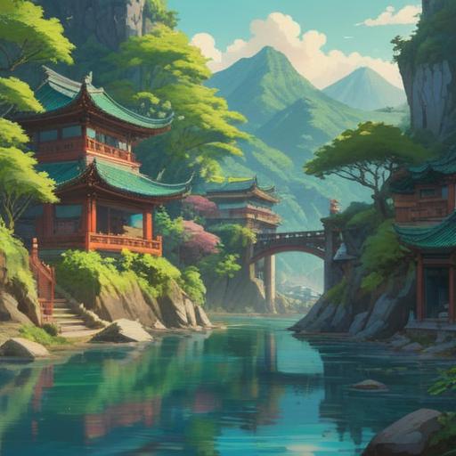 A captivating illustration of a serene Taiwanese landscape after an earthquake, lush green mountains in the background, gentle waves of an ocean reflecting sunlight, people helping each other rebuild, symbols of hope and rebirth, dragon and phoenix motifs subtly incorporated, soft glow in the sky, vibrant colors, harmony between nature and humanity, 4k