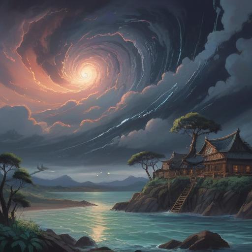 A mystical illustration of a typhoon swirling in a dreamy landscape, dark clouds contrasting with soft, drowsy hues, gentle raindrops falling, a figure meditating amidst the chaos, representing tranquility within turmoil, ethereal light breaking through the storm, spiritual symbolism of sleep and storms, 4k