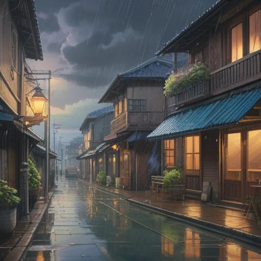 A serene scene depicting a gentle typhoon, heavy clouds rolling in, raindrops softly tapping on windows, a cozy atmosphere inside a warm, welcoming home, people peacefully napping on plush couches, soft blankets draped over them, a hint of supernatural light illuminating the room, symbolic elements of spiritual awakening subtly integrated, calm and introspective ambiance, 4k