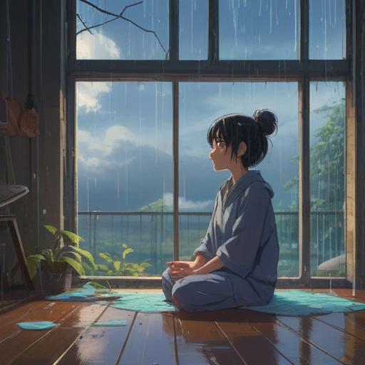 A calm and introspective scene depicting a person meditating during a typhoon, soft raindrops gently tapping on the window, a sense of spiritual awakening, subtle light filtering through dark clouds, nature's power juxtaposed with inner peace, elements of mindfulness and reflection, serene expressions, 4k
