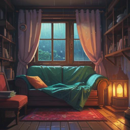A cozy interior scene, a person curled up on a sofa with a warm blanket, rain pouring outside the window, a cup of tea on the table, lucky charms scattered around, glowing soft light, relaxed expression on the person's face, comforting atmosphere, 4k