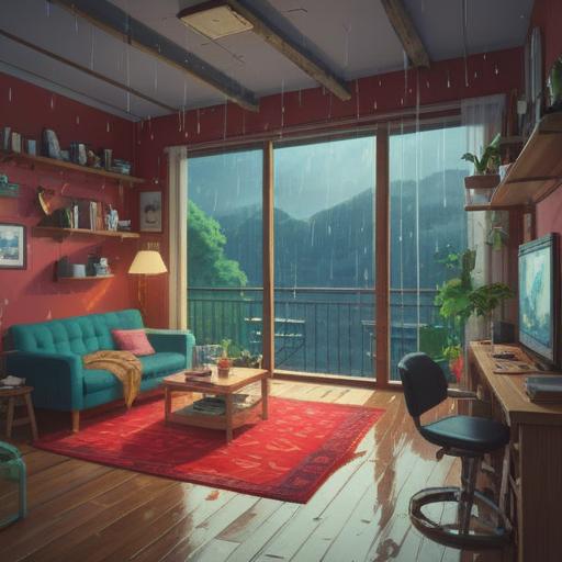 A calming scene on a typhoon day, people enjoying cozy indoor activities, warm light illuminating a comfortable room, rain gently falling outside the window, soft blankets and comforting drinks, serene expressions, inviting atmosphere, peaceful relaxation, 4k