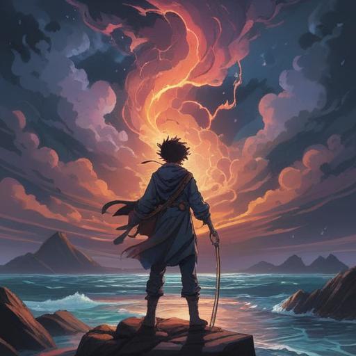 A mystical and serene illustration, stormy skies illuminated by ethereal light, a silhouette of a person holding their head in pain, swirling winds symbolizing emotional turmoil, subtle hints of spiritual energy surrounding them, connection between nature and human feelings, deep blues and grays representing the typhoon, introspective atmosphere, 4k