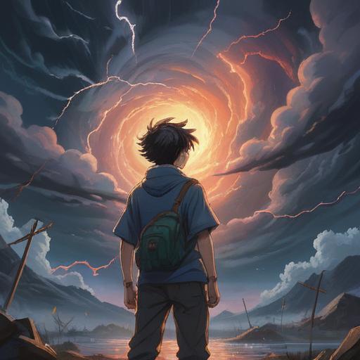 A stormy scene illustrating the symbol of a typhoon, dark swirling clouds, lightning striking in the background, a person holding their head in pain, spiritual light shining through the clouds, representing positive energy breaking through adversity, contrast between chaos and calm, deep emotional impact, vibrant colors, mystical elements, metaphorical interpretation of pain as a sign of growth.