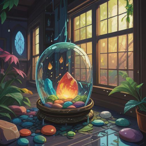 A mystical illustration of a lucky stone surrounded by calming natural elements, bright colors, gentle rain pattering against a window, soft light illuminating the stone, representing relief from headache caused by a typhoon, serene atmosphere, nature-inspired details, 4k