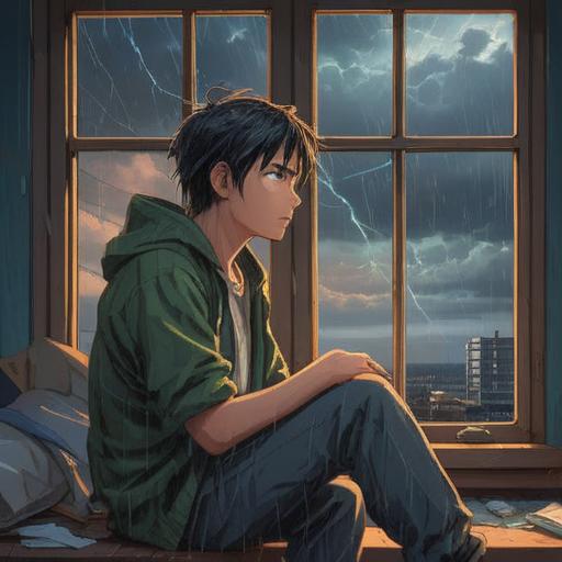 A symbolic depiction of a typhoon representing turbulent emotions, an individual sitting alone by a window looking ill, dark clouds and rain outside, contrasting with a softly glowing aura surrounding the person, spiritual insight, connection between nature and inner health, peaceful yet chaotic atmosphere, 4k