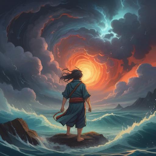A mystical scene depicting a typhoon, with swirling winds and dark clouds, a figure meditating calmly amidst the storm, soft glowing light breaking through the clouds, representing spiritual clarity, vibrant colors contrasting with the dark sky, an aura of tranquility, symbolic elements like lotus flowers and chakra symbols, atmospheric energy, 4k