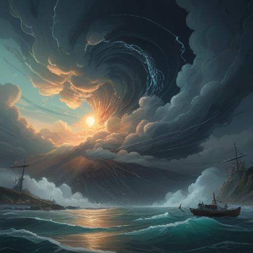 A mysterious and ominous illustration depicting the arrival of a typhoon, dark swirling clouds, the feeling of unease in the atmosphere, symbols of bad omens like wilted flowers and flickering lights, a person looking anxious and unwell, nature's fury represented through powerful winds and rain, spiritual elements subtly integrated, 4k