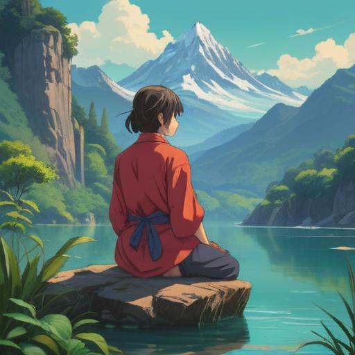 A serene landscape with tranquil water, gentle mountains in the background, lush greenery, a meditative figure in a peaceful pose, soft sunlight filtering through the trees, symbols of harmony and balance, ethereal atmosphere, soothing color palette, 4k