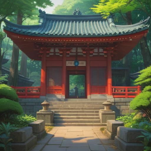 A serene scene at Yoyogi Hachiman Shrine, lush greenery surrounding the temple, spiritual symbols subtly incorporated, ethereal light filtering through the trees, visitors in contemplative poses, traditional architecture reflecting harmony with nature, peaceful atmosphere, clear blue sky, inviting path leading to the shrine, vibrant colors, 4k