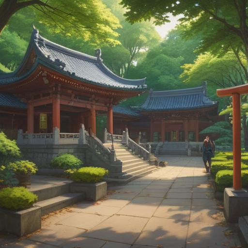 A tranquil scene at Yoyogi Hachiman Shrine, lush greenery enveloping the shrine grounds, visitors observing subtle spiritual signs such as fluttering leaves, shimmering light rays filtering through trees, peaceful atmosphere, vibrant torii gate, a hint of ancient rituals, serene pond reflecting the surroundings, detailed textures of the shrine architecture, 4k