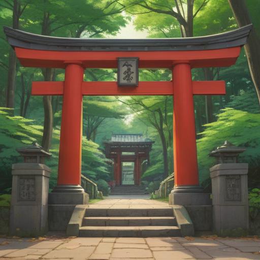 A serene scene at Yoyogi Hachiman Shrine, a traditional Japanese torii gate, lush green trees surrounding the shrine, a small group of visitors discovering lucky charms, gentle sunlight filtering through the leaves, a sense of tranquility and spirituality, intricate details of the shrine architecture, bright colors, 4k