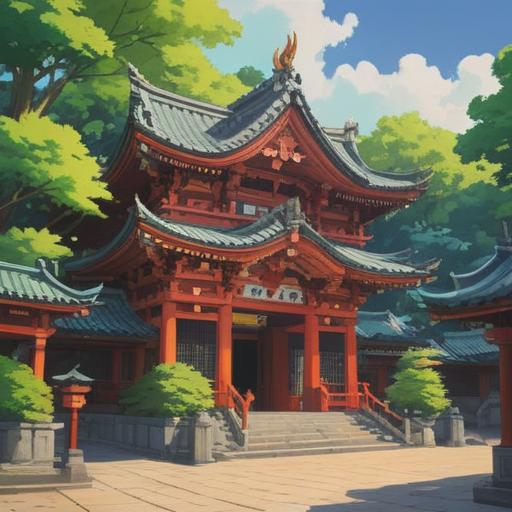 A serene landscape featuring Yoyogi Hachiman Shrine, lush trees surrounding the shrine, traditional Japanese architecture, a tranquil atmosphere, people reflecting and meditating, cultural significance and spiritual enlightenment, soft sunlight filtering through the leaves, harmonious connection with nature, 4k