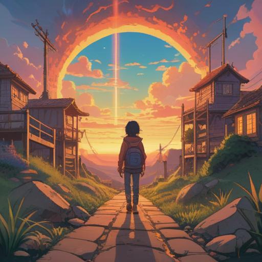A serene and uplifting illustration, symbolic representation of personal growth, a person standing at a crossroads, one path leading to a bright sunset, the other to a shadowy underworld, vibrant colors, ethereal light, surrounded by nature, butterflies symbolizing transformation, contemplative expression, 4k