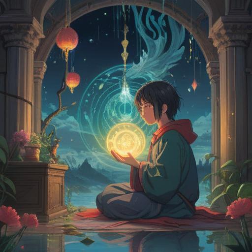 A reflective moment of someone pondering their career choice, surrounded by ethereal symbols of spiritual signs, gentle light illuminating the scene, serene environment, nature elements like trees and water, a sense of calm and introspection, guidance from unseen forces, 4k