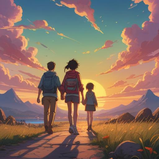 A vibrant sunrise breaking over a horizon, symbolizing new beginnings, diverse people taking their first steps forward, expressions of determination and hope, soft light illuminating the scene, lush green fields and blooming flowers, a clear blue sky, inspirational atmosphere, 4k