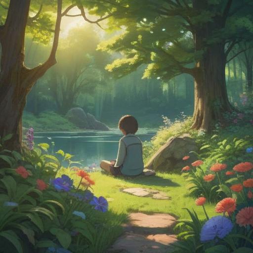 A serene and contemplative scene, a person sitting alone in a peaceful garden, surrounded by nature, soft sunlight filtering through the trees, symbolic representation of boredom as a path to spiritual growth, tranquil expression, ethereal atmosphere, vibrant flowers, flowing water, reflection and introspection, 4k