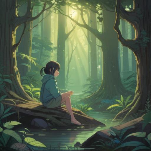 A serene and introspective illustration, depicting a person sitting alone in a tranquil forest, surrounded by soft, ethereal light, reflecting on their thoughts, symbols of spiritual growth visible in the surroundings, such as blooming flowers and gentle winds, conveying a sense of peace and self-discovery, harmonious colors, thoughtful expressions, 4k