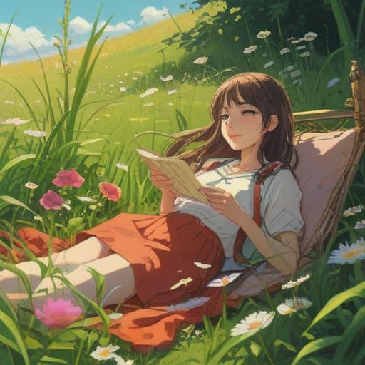 A serene and tranquil scene depicting a person lounging peacefully in a sunlit meadow, surrounded by gentle blooms and soft grass, embodying the essence of relaxation and introspection, golden hour lighting casting a warm glow, ethereal aura representing spiritual meaning, a sense of calm and letting go, connection with nature, inviting atmosphere, 4k