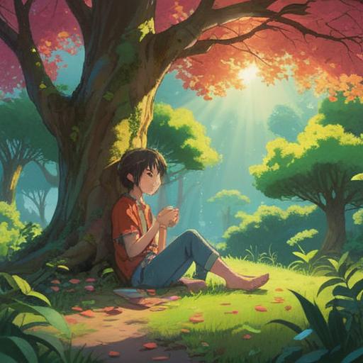 A serene and tranquil scene depicting a person relaxing under a tree, surrounded by nature, soft sunlight filtering through the leaves, a sense of peace and calm, gentle breeze rustling the grass, surrounded by symbols of spirituality like floating orbs or wisps of light, harmonious atmosphere, mindfulness and reflection, 4k