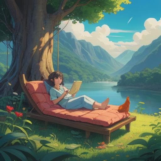 A serene scene depicting a person lounging comfortably in a peaceful setting, surrounded by gentle nature, ethereal light illuminating the surroundings, subtle hints of spiritual symbols in the air, a sense of introspection and awareness, contrasting moments of relaxation and alertness, vibrant greenery and soft clouds, soothing atmosphere, 4k