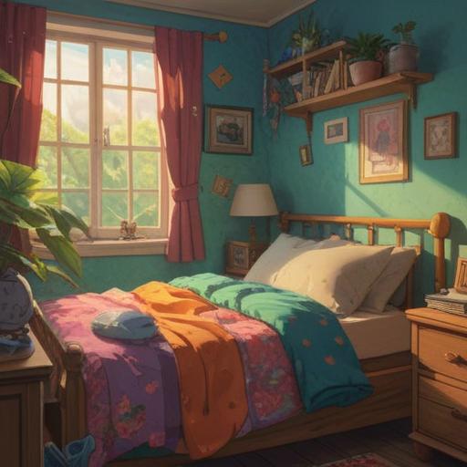 A whimsical illustration of a cozy bedroom, soft sunlight streaming through the window, a cute alarm clock showing a nap time reminder, a cup of steaming tea on the bedside table, an eye mask with charming patterns, fluffy pillows piled up, a dreamy ambiance, relaxed character peacefully dozing off, 4k
